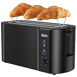 IKICH Toaster 4 Slice, Black, Stainless Steel 2-Slice Long Slot Toaster with 6 Browning Settings, Defrost, Reheat, Cancel Functions (Featuring High-Lift, Warming Rack, Slide out Crumb Tray), 1500W