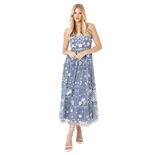 Maya Deluxe Womens Midi Dress Ladies Embroidered Floral Ruffle Sleeveless V Neck Dress for Wedding Guest Bridesmaid Prom Evening, Vestidos De Las Mujeres, Dusty Blue,