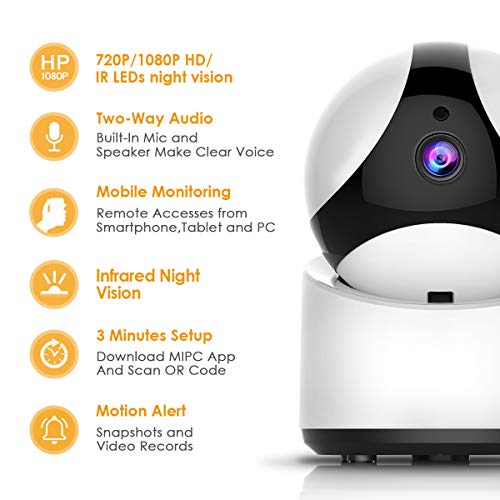 Wireless Security Camera, IP Camera WiFi Home Indoor Camera for Baby/Pet/Nanny, Motion Detection, 2 Way Audio Night Vision, Remote Monitoring (White 720)
