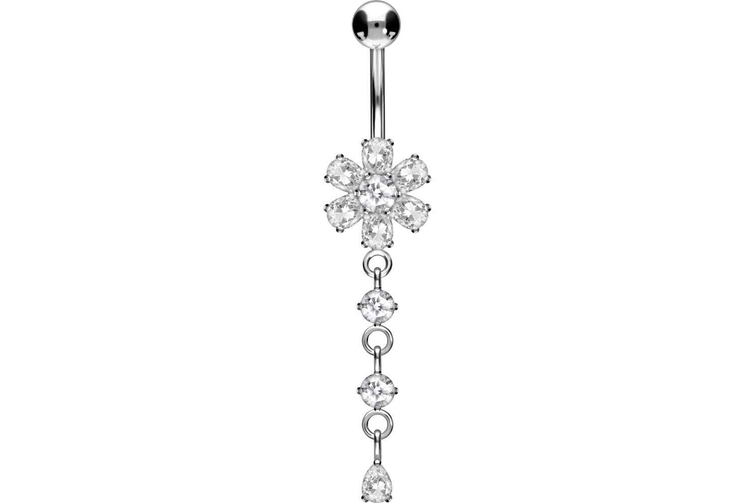 Piercingline Belly Bar Titanium, 925 Silver Flower, Banana Barbell, Banana Piercing, Choice of Colours, Titanium (grade 23) / 925 silver., Crystal,