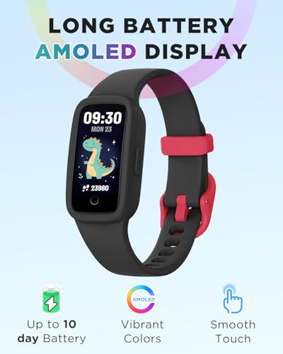 BIGGERFIVE Vigor 3 Kids Fitness Tracker Watch, AMOLED Screen, No App No Phone Needed, 3ATM Waterproof, Heart Rate and Sleep Monitor, Pedometer, Step Counter Smart Watch for Boys Girls Age 5-15, Black