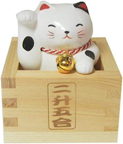 Japanese Lucky Cat 3.35'' Porcelain white Maneki Neko in Masu Cypress Sake cup