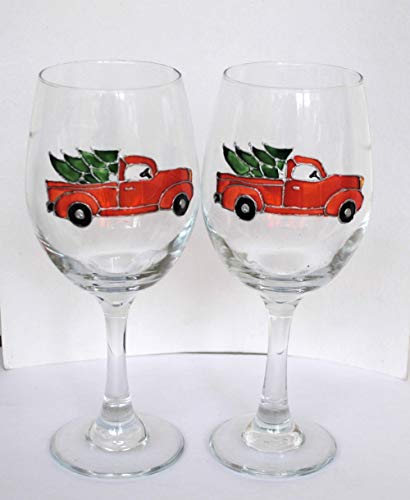 Red Vintage Pickup Truck Christmas Tree Wine Glasses Set of 2 Hand Painted Holiday Decor