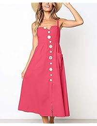 Miguofan Vestido de verano para mujer, sin espalda, con correa de espagueti, con botones, estilo casual, con bolsillos