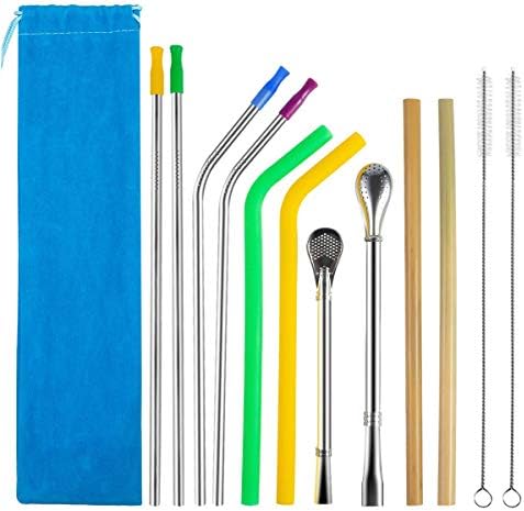Reusable Silicone Drinking Straws Kitdine 10 PCS(2 Straight&Bent StainlessStraws+1 Filter Spoon&Metal Filter Straws+2 Silicone for Yeti/Rtic/Ozark& Bamboo Straws) 2 Cleaning Brushes&Storage Pouch