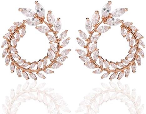 Naritva Copper Olive Branch Leaf Shaped Cubic Zircon Stud Earrings for Women