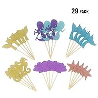 Maydolbone 29pcs glitter mermaid theme cake toppers- birthday or baby bath food picks decoration and cake party, ncluding mermaid, shell, fishtail, starfish, hippocampus