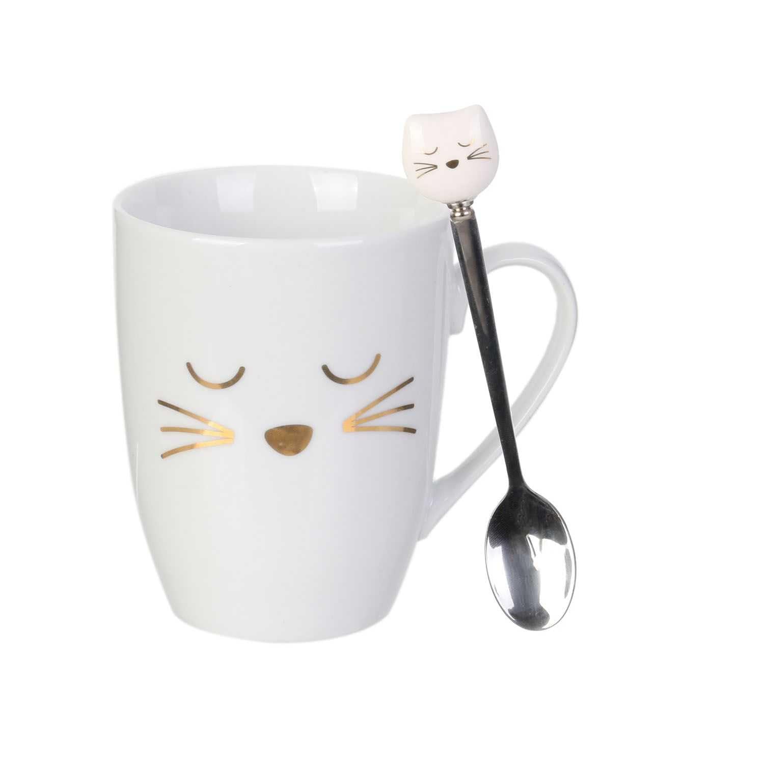 The Concept Factory KA4189 Cat Mug with Spoon, Stainless Steel, Durable Porcelain, Fun Design, Capacity 35 cl, Dimensions 10 x 115 x 82 cm, Colour: White and Gold