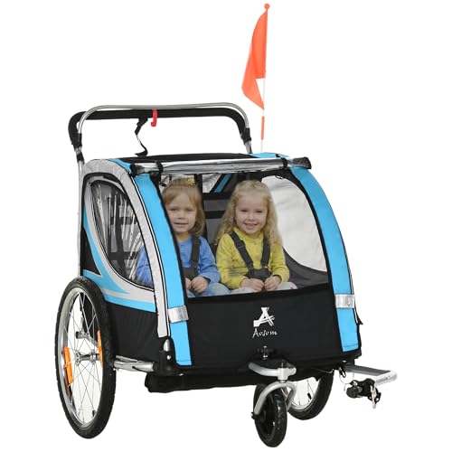 Aosom 2 Seat Bike Trailer for Kids 2-in-1 Double Baby Stroller with Handbrake, Rubber Wheels, 5 Point Harness, Waterproof Cover, Storage Bag, Reflectors
