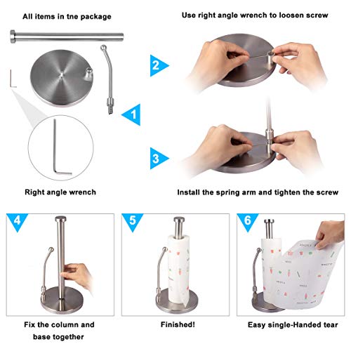 Paper Towel Holder Stand Countertop - Single-Handed Tear Paper Towel Dispenser Stainless Steel Organizer with Weighted Base Adjustable Spring Arm to Hold Paper Roll for Kitchen Bathroom