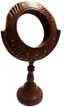 14 Inch Brown Color Wooden Makeup Mirror Inlay Work Mirror with Stand, Decorative Wooden Mirror, Make-Up Hand/Table Mirror, Easter Day / Mother day / Good Friday Gift