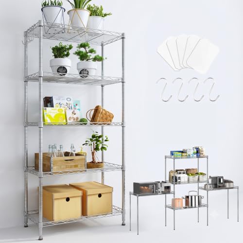 【Expandible】Estante de Almacenamiento de Metal de 5 Niveles(55x30x150CM), Estante Organizador Resistente, Rack Organizador Ajustable, Anaquel, 4 S-Ganchos, Cocina, Oficina, Despensa, Microondas(Plata)