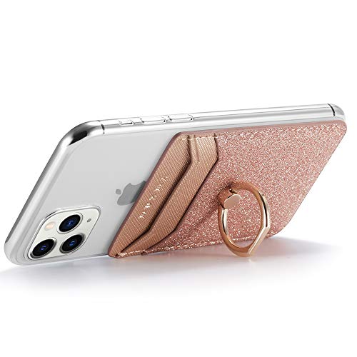 ACRSIKR Card Holder for Back of Phone, RFID Blocking Glitter Cell Phone Credit Wallet with Ring Pocket Stick on iPhone