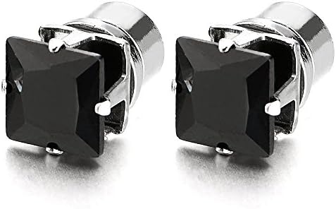 7MM Square Black Cubic Zirconia Magnetic Stud Earring Men Women, Non-Piercing Clip On Fake Gauges