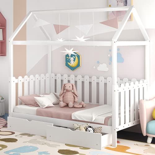 P PURLOVE Twin Size House Bed for Kids,Playhouse Bed Frame with Drawer