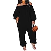 MESLIMA Women's Loose Fit Elastic Off Shoulder Beam Foot Long Sleeve Jumpsuit Rompers with Pockets Plus Size