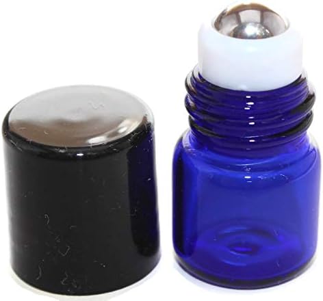 COBALT BLUE 1ml Glass Micro Mini Roll on Roller Bottles with Stainless Steel Roller Balls and Flat Black Caps 144 each.