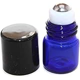 COBALT BLUE 1ml Glass Micro Mini Roll on Roller Bottles with Stainless Steel Roller Balls and Flat Black Caps 144 each.