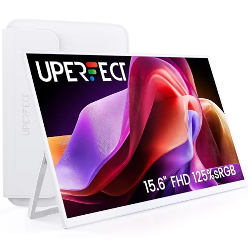 UPERFECT Portable Monitor 15.6" 125% sRGB Tragbarer Monitor Weißer mit Tasche, 2000:1 Kontrast 1080P HDR EyeCare, Integrierter 180° Standfuß & VESA, E