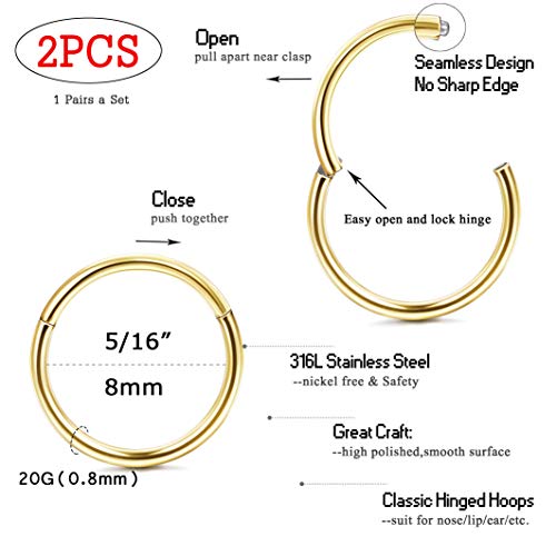 Jstyle 20G 1Pair 8MM Hinged Nose Ring Hoop Seamless Clicker Piercing