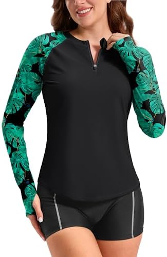 Viodia Womens Swim Shirt UPF50+ Rash Guard Long Sleeve Swimsuit Top Sun Protection Shirts Bathing Suit with Zipper Black Leaf XS