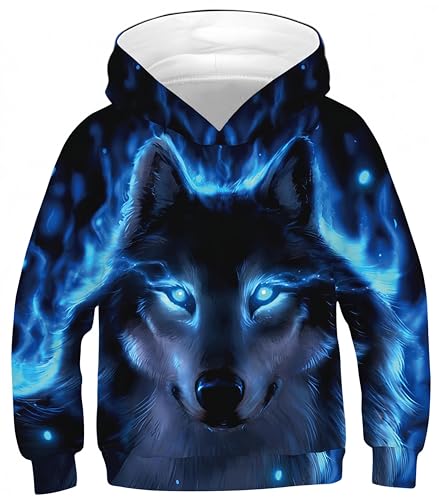 418Y3fqJgNL Ocean Plus Jungen Kapuzenpullover Bunt Teens Hoodie Kinder Langarm Pulli Mit Kapuzen Sweatshirt Unisex Pullover (L (Körpergröße: 145-150Cm), Blauäugiger Schwarzer Wolf)
