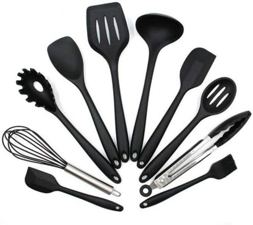 DIKER Chef Kitchen Utensil Set, 10pcs Silicone Cooking Kitchen Utensils Set + Tool, Cooking Tools Turner Tongs Spatula Spoon for Nonstick Heat Resistant Cookware - (Black)