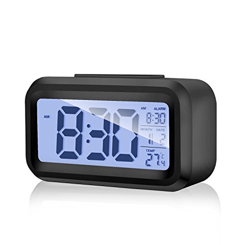 Alarm Clock Digital LCD Large Display Battery Operated Portable Modern Smart Snooze Silent Backlight Senor Date Time Temperature Clock for Heavy Sleepers Bedroom Kitchen Office Travel (black)