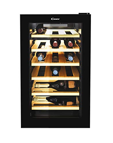 Candy CWC 021ELSPK Freestanding Wine Cooler, Single Zone Temperature, 21 Bottle Storage, 40cm wide, Black, Wood Shelves
