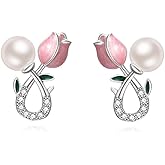 Reffeer Solid 925 Sterling Silver Pink Flower Stud Earrings for Women Teens Spring Flower Stud Earrings Pearls