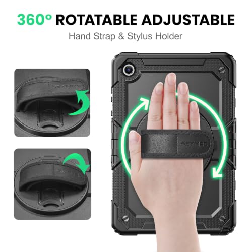 SEYMAC Cover for Samsung Galaxy Tab A11+ Plus 11 Inch 2025 (SM-X230/X235/X236), Anti-Shock and Screen Protector, 360° Swivel Stand, Hand and Shoulder Strap, Keyboard Holder, Black