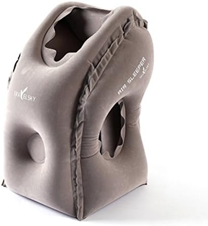 Inflatable Travel Pillow Sleep Aid-fast inflatable pillow, ergonomic portable travel pillow, fit travel pillow, plane pillow, train, bus, office, travel pillow, full support, soft PVC flocking( Grey）