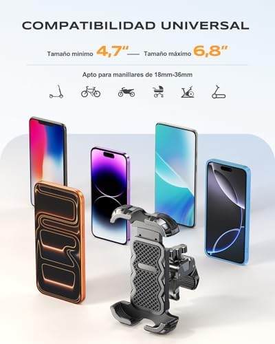 Soporte Movil Moto 360° Rotación, Cerradura 1s y Protección Segura Soporte Movil Bicicleta para Manillar de 0.71-1.4" Diámetro, Soporte Móvil Bicicleta Compatible con iPhone 4.7-6.8", GPS