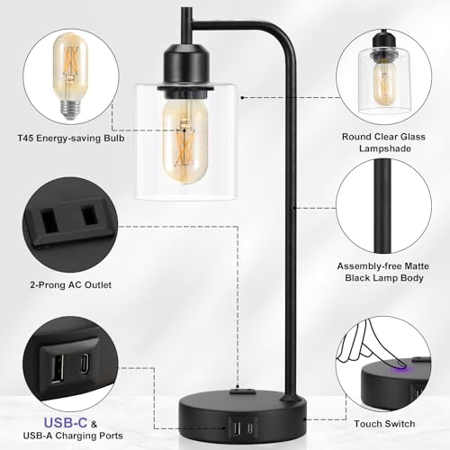 Industrial Touch Table Lamps Set of 2-3-Way Dimmable Bedside Lamps with USB C+A Ports and Outlet,Black Nightstand Lamps for Living Room,Glass Shade & 2 LED Bulbs Included