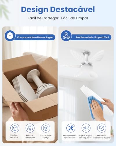 Ventilador de Teto com Luz 28", Instalação Fácil, 6 Pás para Forte Ventilação, Motor DC Reversível, Controle Remoto e Luz Regulável