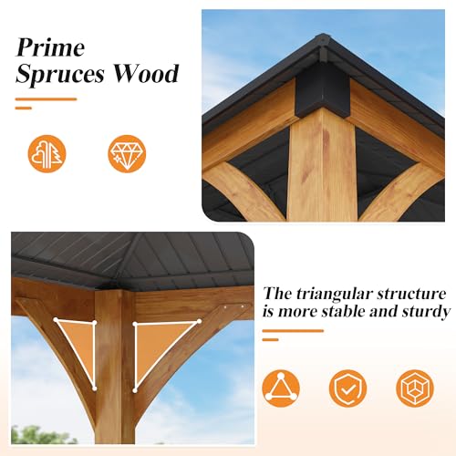 COVERONICS 13’x 15’ Outdoor Spruce Wood Gazebo - Patio Hardtop Gazebo Permanent Wooden Pavilion with 2 Shelves, Galvanized Steel Double Roof Wooden Gazebos for Garden, Porch, Lawn, Poolside, Backyard