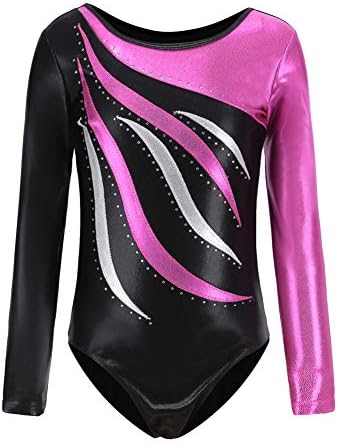 Gsha Girls Long Sleeve Gymnastics Leotards Shiny Waves Metallic Bodysuit Athletic Ballet Dancing Outfit