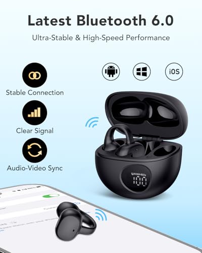 Clip Earbuds Open Ear Headphones Wireless Earphones Bluetooth 6.0, 12mm Dynamic Drivers, 25 Hours Sports Ear buds, Air Conduction Headphones Compatible with iPhone & Android, Black