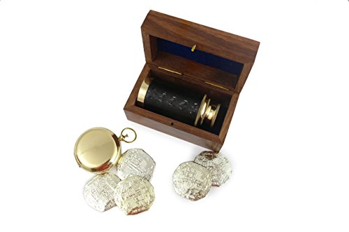 Well Pack Box Antique Brass Telescope For Adults And Kids Includes Authentic Brass Compass, 6 Plastic Golden Doubloons, Smooth Durable Telescope Case, and Real World Brown Paper Pirate Map