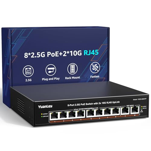 YuanLey 8 Ports Unmanaged 2.5G PoE Switch, 8 x 2.5G Base-T PoE Ports, 2 x RJ45 10G, 120W PoE Budget, Metal Enclosure Without Fan, 10 Port 2.5Gbe/10G PoE Ethernet Switch for NAS, PC Gaming, AP