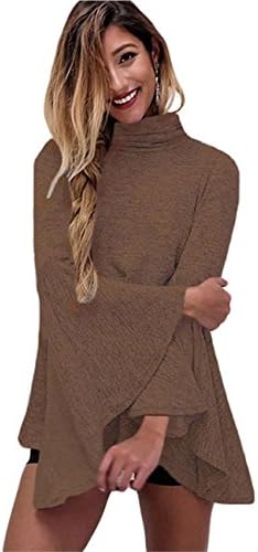 Imanid Women's Casual Long Flare Sleeve Slip Back Turtleneck Blouse Tops , coffee , l