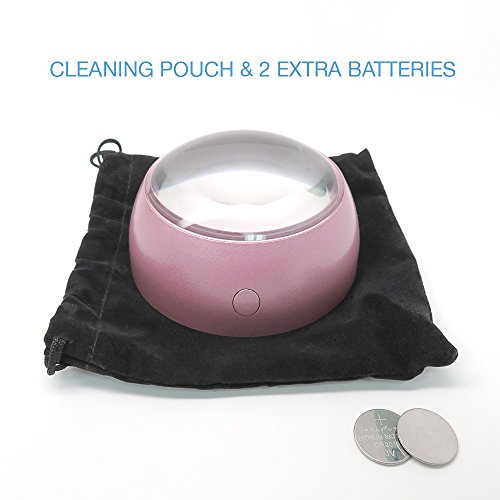 MagniPros 5X Ultra Bright LED Magnifying Glass Dome Magnifier with Cleaning Pouch & 2 Extra Replacement Batteries-Large Viewing Area, Ideal for Reading Small Print, Papperweight, Low Vision(Pink)