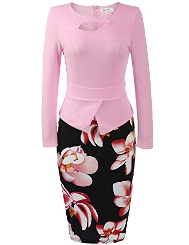 Keyhole Neck Floral Print Cotton Peplum Bodycon Office Dress เดรส แฟชั่นชุดทำงาน ANGVNS ผู้หญิง