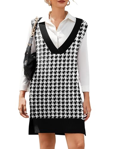 HOTOUCH Women's Sleeveless Sweater Vest Dress Short 2025 Fall Winter Knit V Neck Pullover Sweater Vest Casual Loose, Houndstooth Small at Amazon