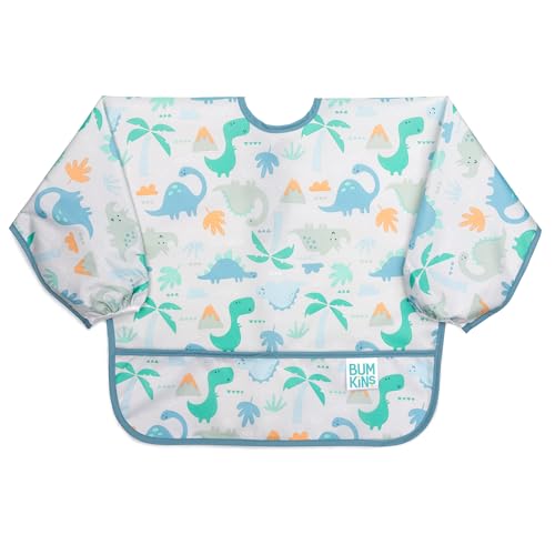 Bumkins Sleeved Bib, Handy Tie Closure for Custom Fit, Catch-All Pocket, Baby-Led Weaning, Waterproof, Machine Washable, Stain & Odour Resistant, BPA Free, 6-24 Months, Dinosaur Design — image 1