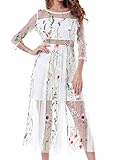 Invug Women Floral Embroidered Organza Sheer Mesh Sleeves Evening Cocktail Dress White S