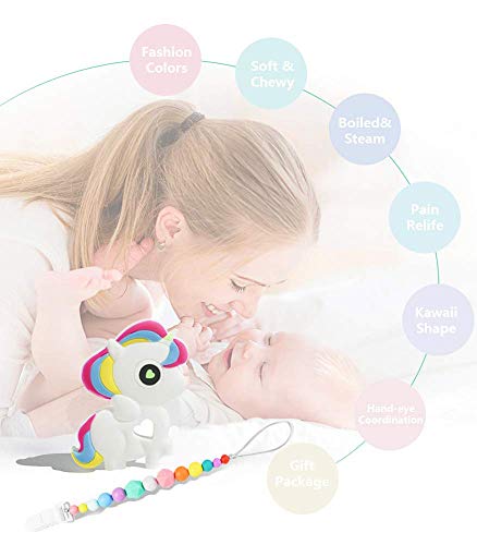 FANSIDI Baby Teething Toys Colorful Unicorn Theme Teethers& Gums Massagers with a Rainbow Pacifier Clip Holder Set - Easy to Hold, Soft, Bendable and Freezer Safe, Gift idea for Baby Boys or Girls