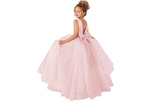 MCieloLuna Flower Girls Satin Tulle Princess Pageant Dress for Wedding Kids Pearls Prom Ball Gowns with Bow-Knot