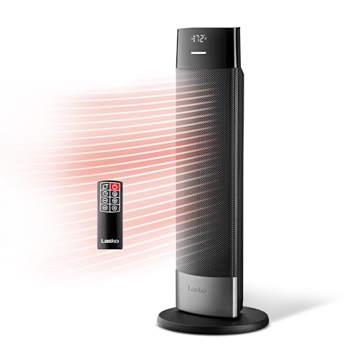 Lasko Ellipse Ceramic Tower Heater for Home with Tip-Over Switch, Digital Display, Thermostat, Wide Oscillation, Remote, Timer, For Bedroom, Office, Living Room, Den, 24 Inches, 1500W, Black, CT24950