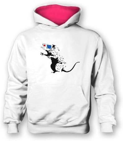 Banksy Banksy Rat With 3D Glasses Kids Contrast Hoodie - White Fuschia L (9-11 Years Old)
